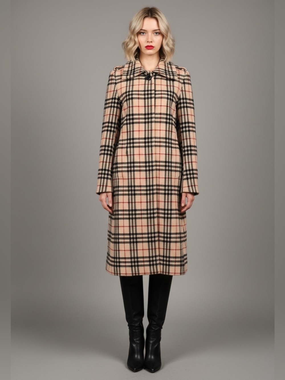 Burberry NWT Beige Plaid Long Trench Coat with Black and Red Accents